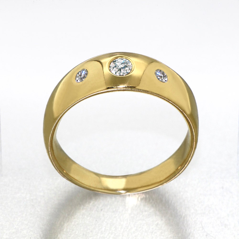 Three Diamonds Ring, Unique Diamond Wedding Band,14k Yellow Gold Ring for women, Mens wedding band