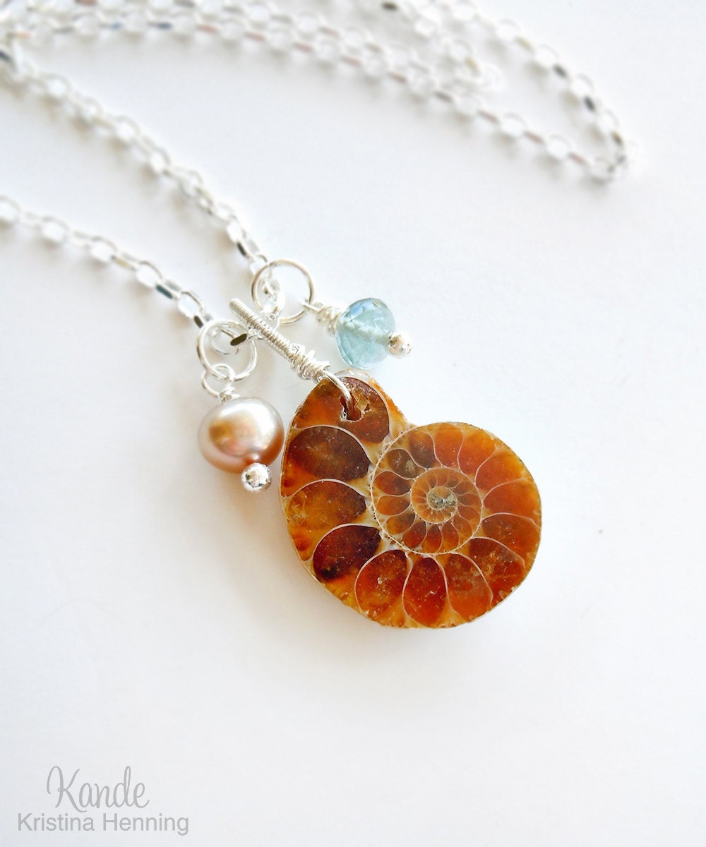 Ammonite Fossil Necklace, Moss Aquamarine, Pearl, Sterling Silver, Kande Kristina Henning