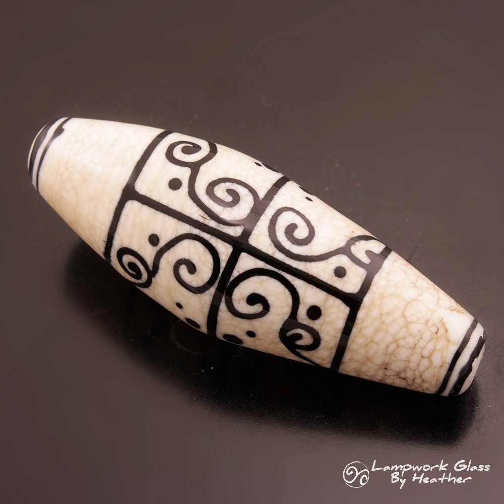 Lampwork Bead Aged Ivory Cream Black Tattoo Scrolls Line Dot Bicone Tube Focal Bead Handmade Glass Heather Behrendt  BHV SRA LETeam