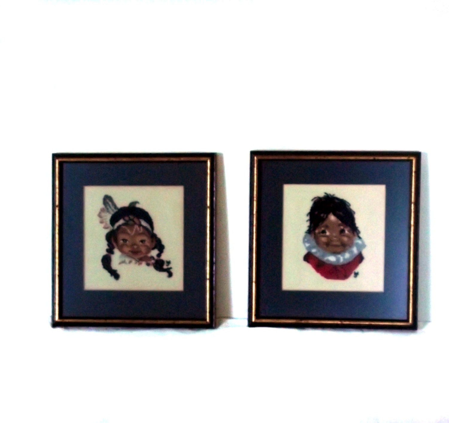 2  Native American Eskimo Motif Needlepoint. Vintage Petite Point
