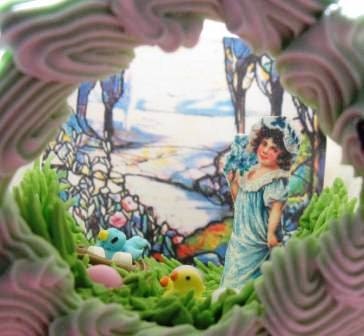 Girl in blue dress in spring scene inside a Panorama Easter egg