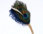 ECHO Peacock Feather Boutonniere - Custom Designed in Navy Blue and Grey with Twine Wrap