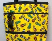 Large Cotton Fabric Tote Bag, Beach Bag, Shopping Bag -  Flip Flops - Reverses to Black and White Gingham Check - 2 Looks In 1 - 12 Pockets