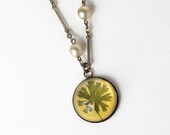 Botanical Leaf Pendant Necklace/Gift For Her/Jewelry Art/Upcycle Dainty Jewelry/Faux Pearl Costume Jewelry