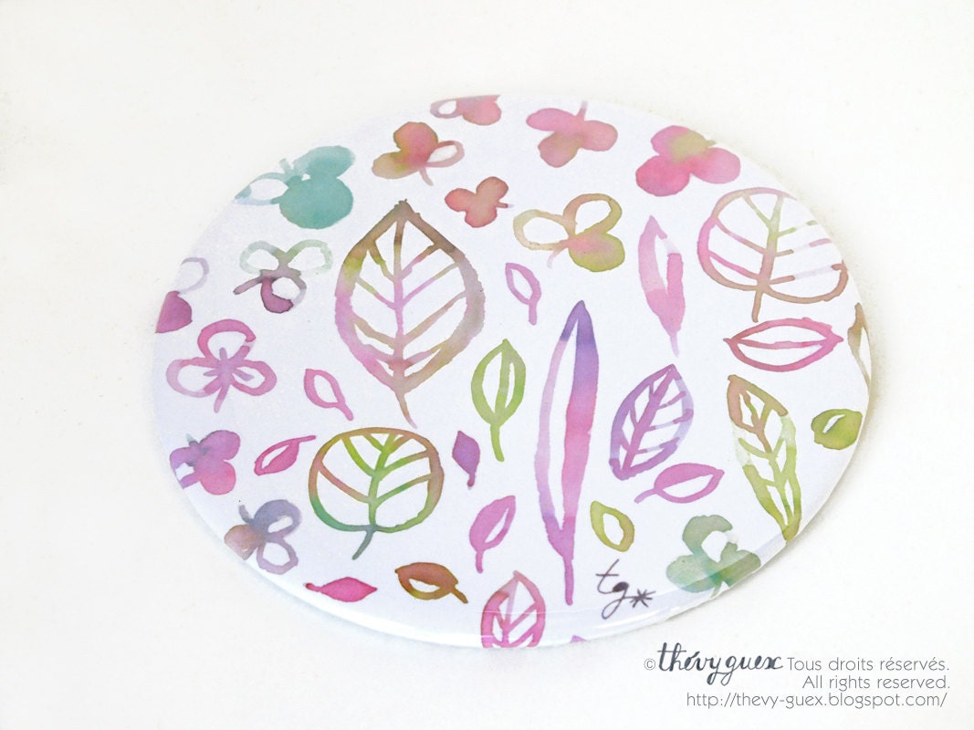 Watercolor Flowers Pocket Mirror/Illustrated Spring Rainbow Mirror/Multicolor Flowers and Leaves Pocket Mirror/75 mm Mirror