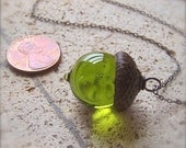 Glass Acorn Necklace in Transparent Olivine by Bullseyebeads