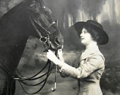 Antique horse lady photo postcard, 1910s
