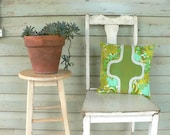 cushion, double reverse applique, courreges in 70s vintage lime and turquoise