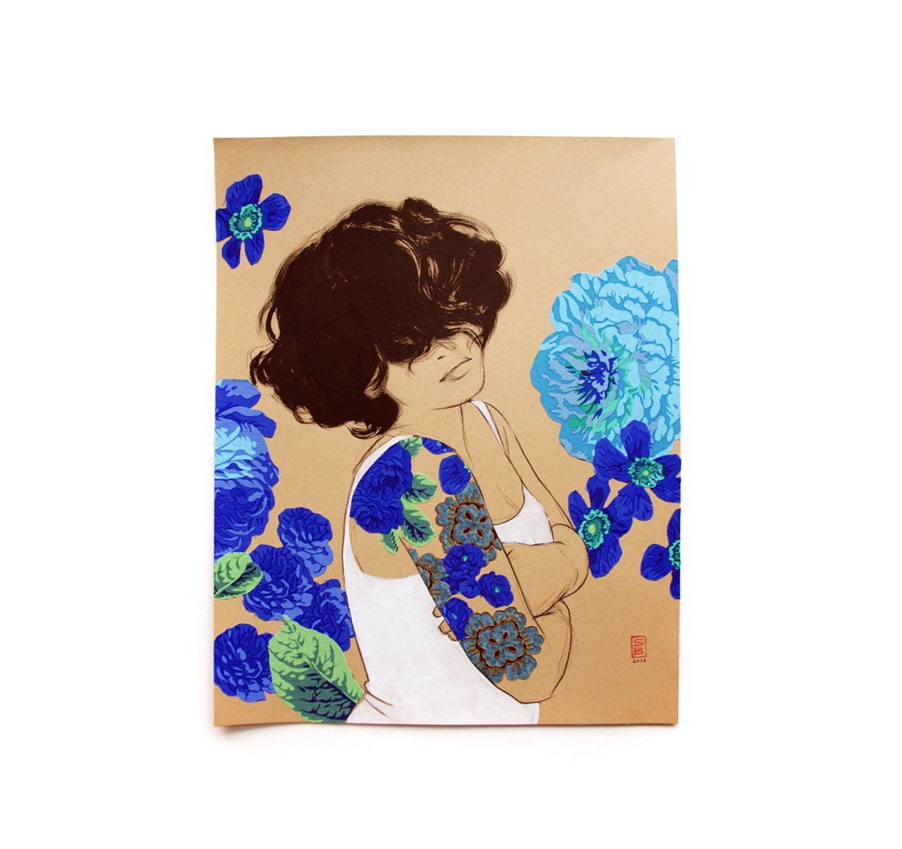 Original Collage - Blue Rose - 11x14 in - charcoal ink acrylic and fabric one of a kind art