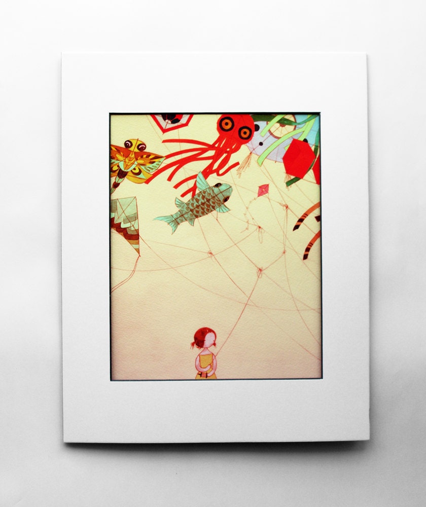 Tangled 8x10 color art print - drawing watercolor mixed media girl and japanese kites