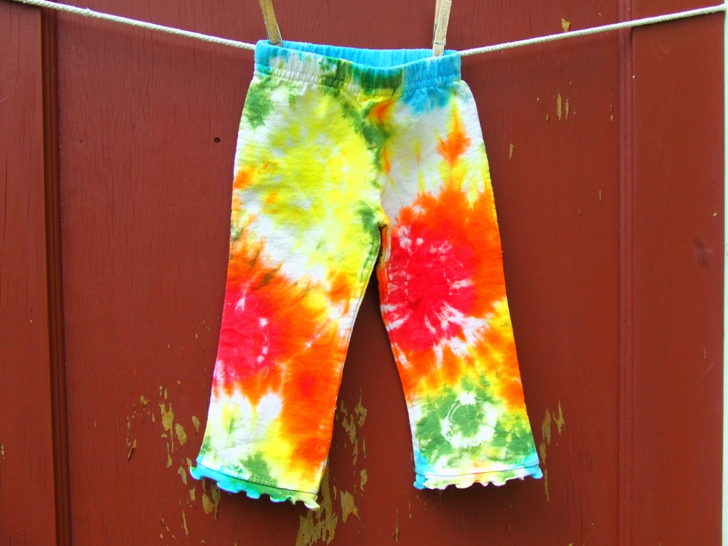 Tie Dye Ruffle Pants - 12 months - Rainbow Spots - Ready to Ship