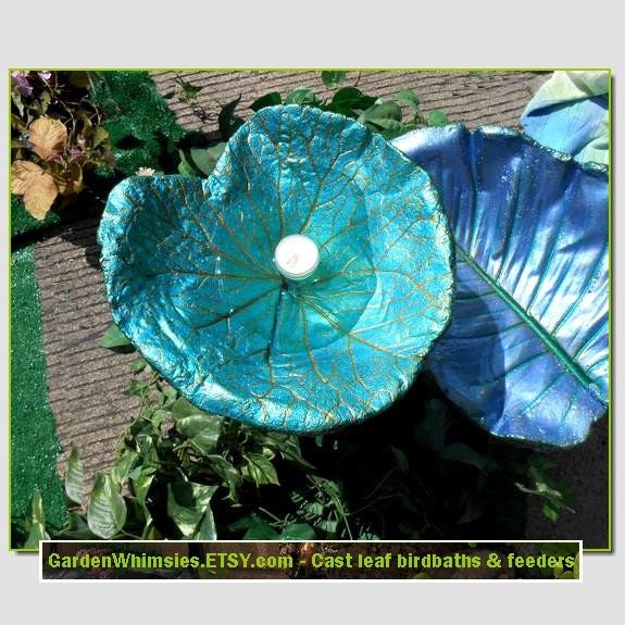 Dragonfly metallics - a cast leaf water lily birdbath/feeder on a pole (Leaf 1268) - beautiful in sun or shade