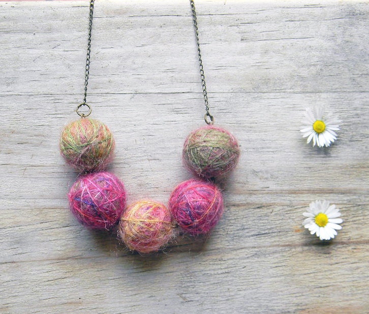 Beaded necklace, unique wool  beads necklace - Brass chain, pink, fuchsia, moss green, yellow. Yarn jewelry, eco friendly