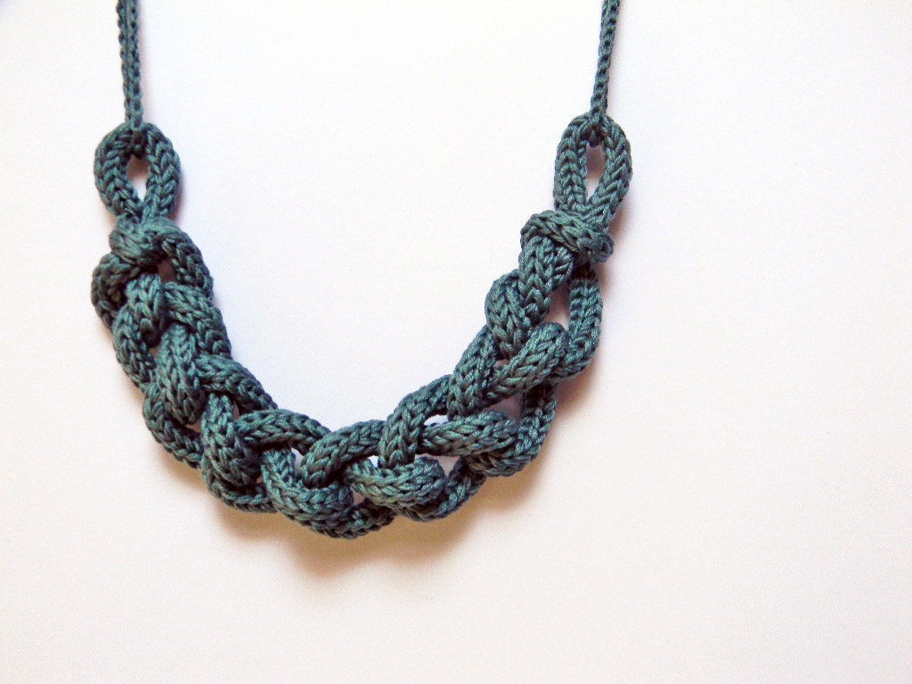 Teal green chain knit necklace, nautical necklace. Statement necklace. Yarn jewelry