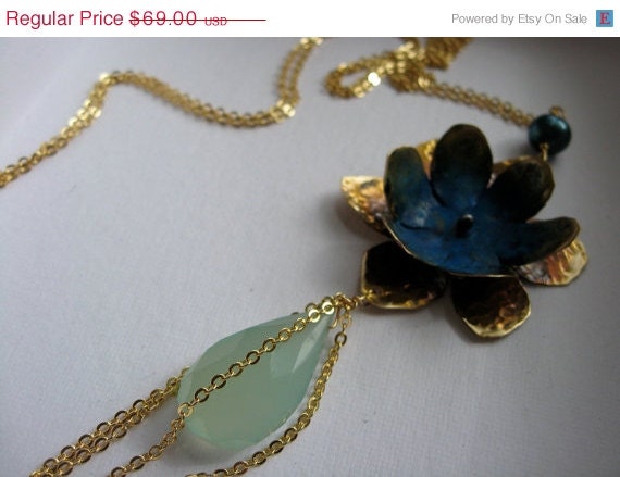 Memorial Day SALE Blue lotus necklace - extra long tassel necklace
