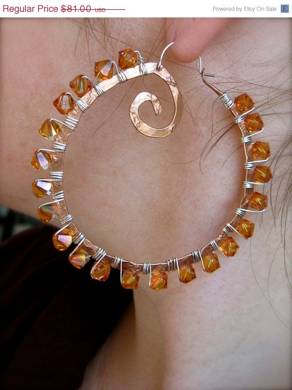 Memorial Day SALE Large Swirl Hoop wire wrapped swarovski crystal - Copper E1014 or Bronze E1015