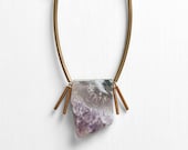 NEW - Brazilian Amethyst Stalactite Druzy Necklace with Brass Detail on a Gray Cord