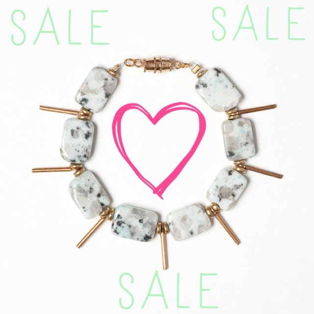Mint Sesame Jasper Bracelet with Brass Stick Drop Accents