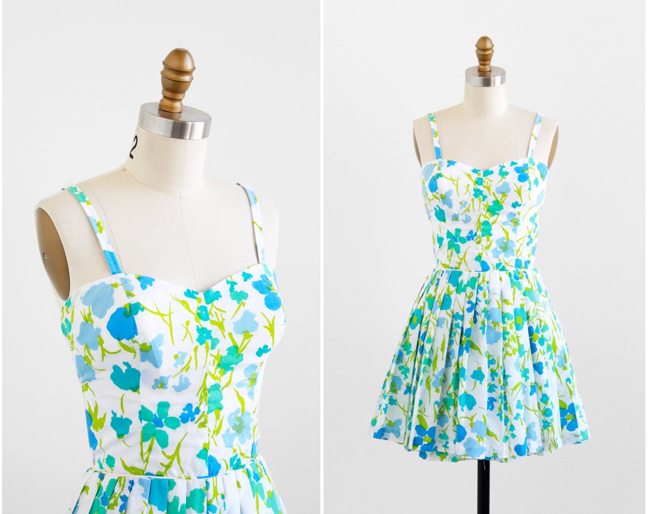 vintage 1960s playsuit / 50s romper / Blue and White Floral Skirted Playsuit