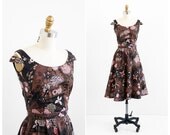 vintage 1950s dress / 50s butterflies dress / Brown and Pink Butterfly Floral Print Top and Skirt Set
