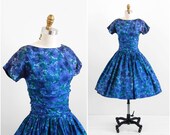 vintage 1950s dress / 50s dress / Blue and green Silky Floral Print Party Dress