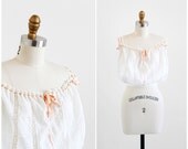 antique camisole / Victorian blouse / Antique Cotton Lingerie with Lace and Peach Ribbon Trim