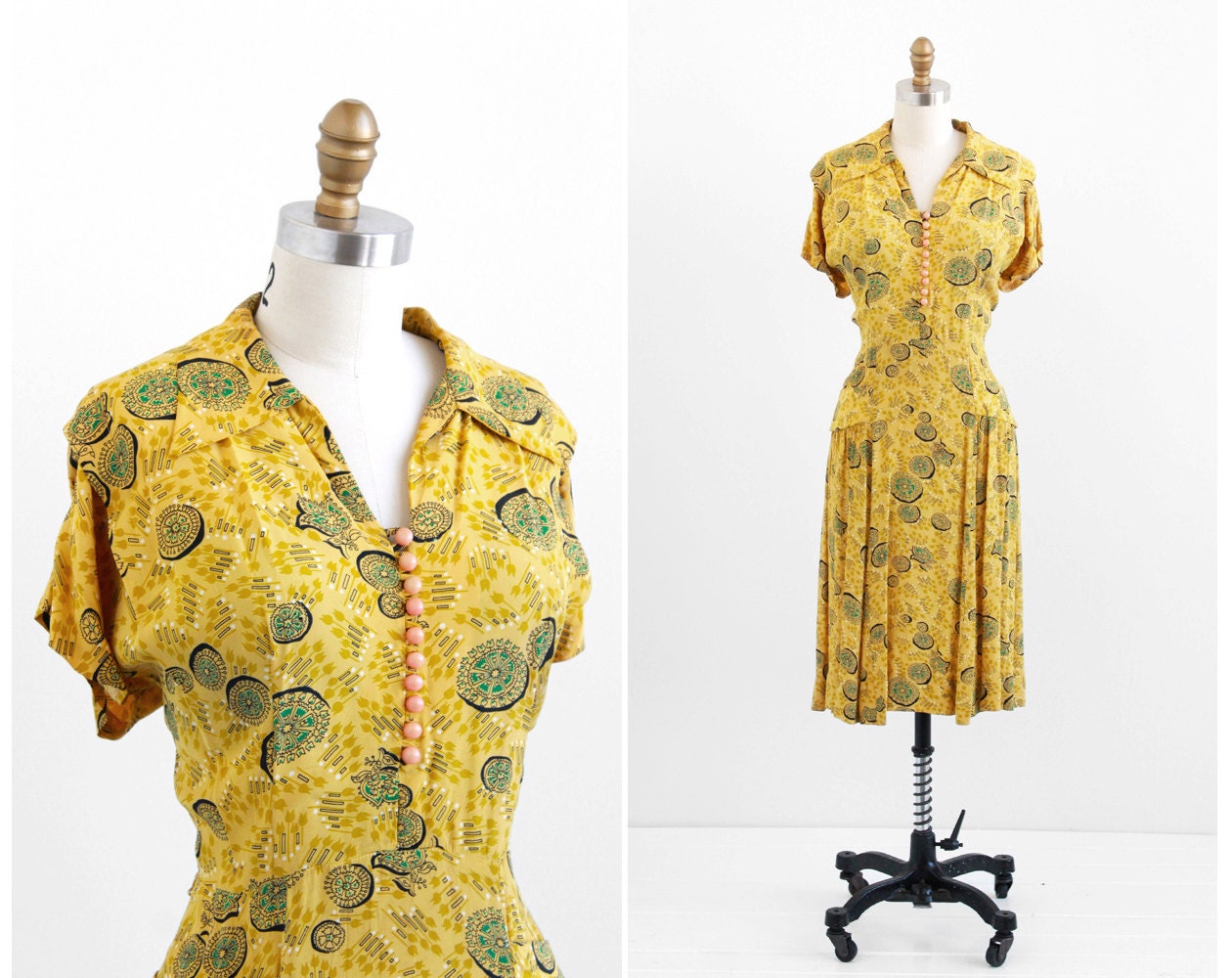 vintage 1940s dress / 40s plus size dress / Mustard and Green Novelty Print Rayon Dress
