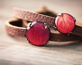 Brown leather bracelet - Wrap bracelet - Red Rose - Bloom collection by BeautySpot (BT026)