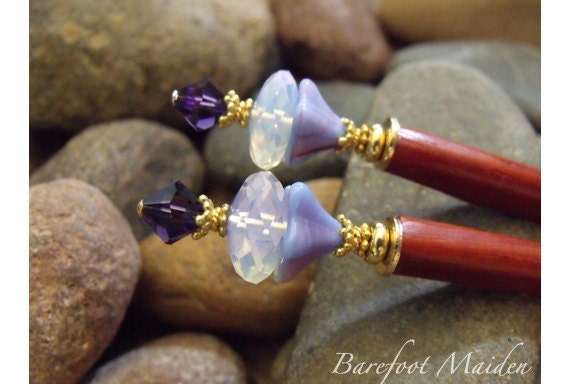 Fantasy Blossom Hairsticks / Opal Glass, Swarovski Crystals, Periwinkle Flowers / Summer Hair Sticks
