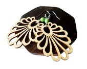 Natural Fan Shaped Wooden Earrings with Apple Green Glass Beads, Surgical Steel