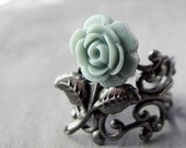 Duck Egg Blue Rose Ring, Antiqued Silver Adjustable Filigree Band, Flower Jewelry