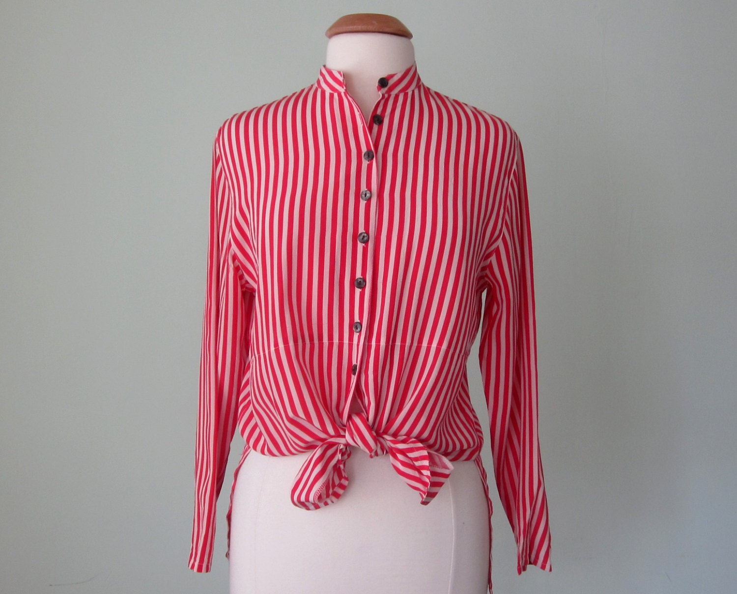 silk blouse / red & white striped tunic button down long sleeve (s - m)