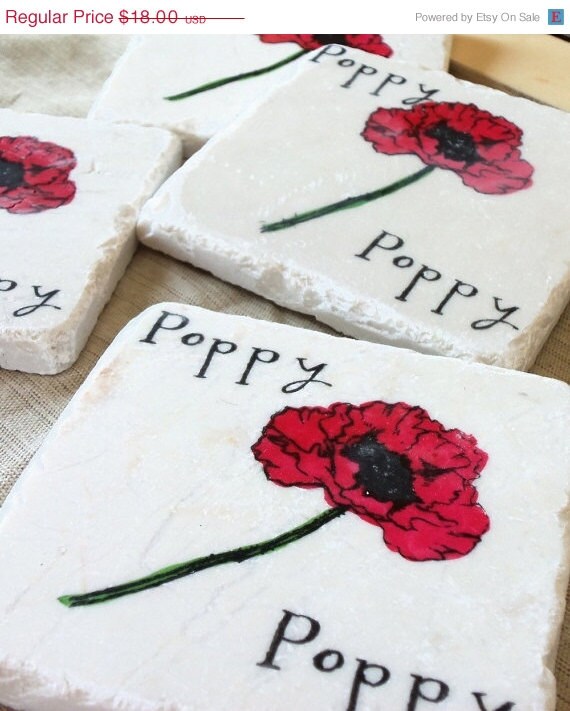 ON SALE Red Poppy Tile Coasters, Set of 4, Ready to Ship