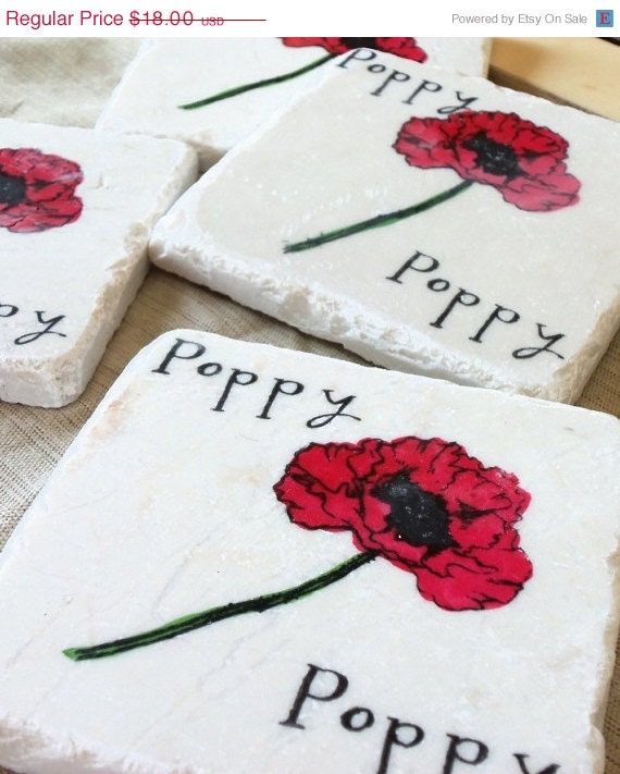 ON SALE Red Poppy Tile Coasters, Set of 4, Ready to Ship