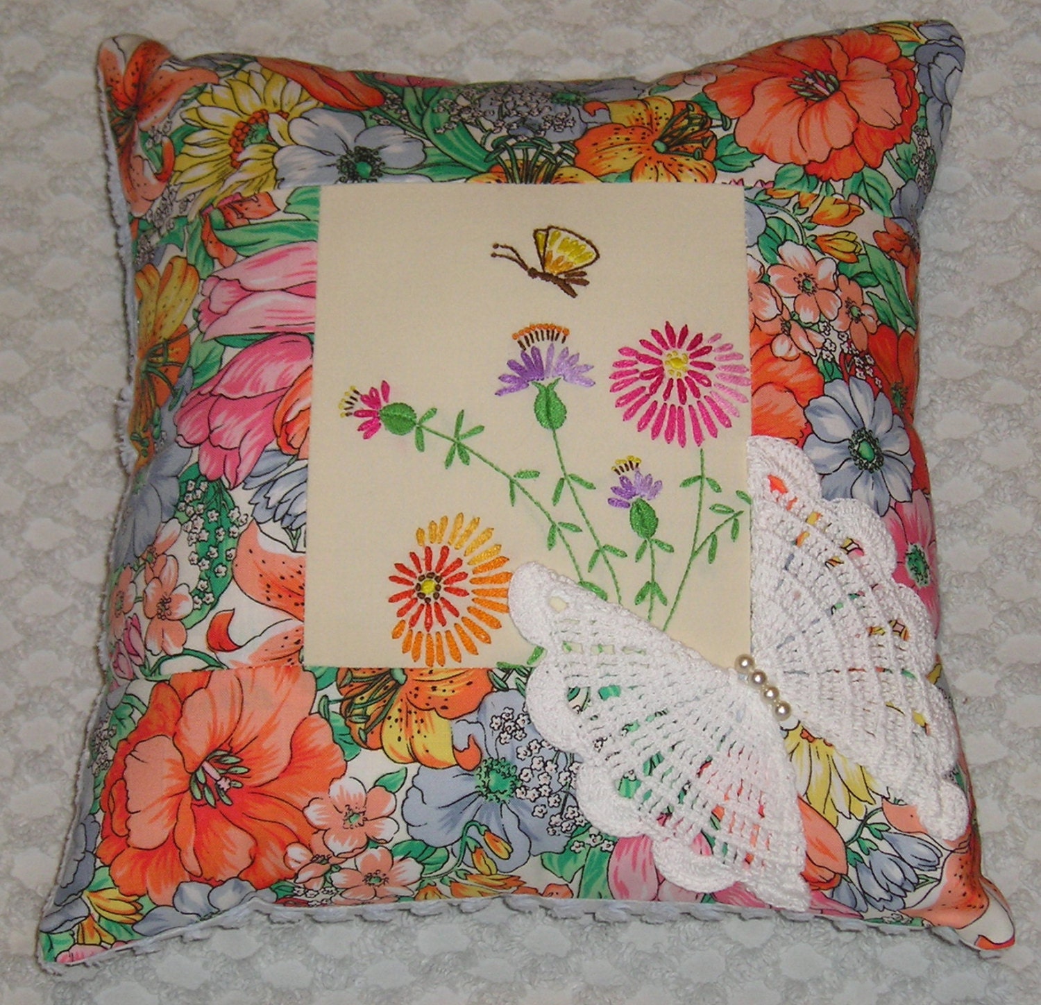 Handmade Pillow features Vintage Embroidered Flowers, Butterfly, Doily, Pearl Beads, Bright Colors Chenille 12 X 13 New