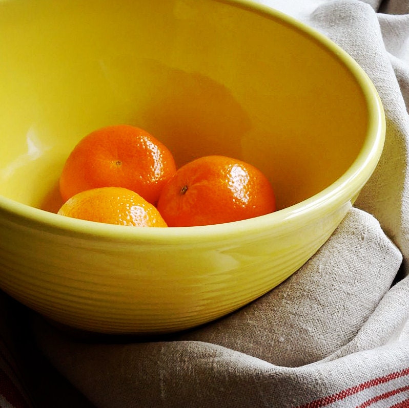 vintage mixing bowl, yellow ribbed pottery, marked