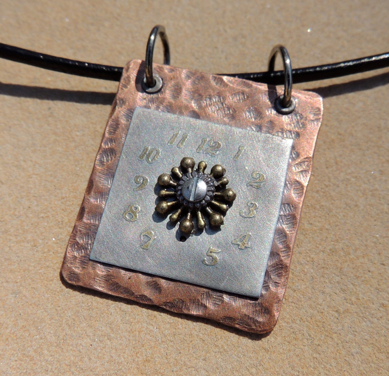 steampunk mixed metal necklace hammered distressed copper watchface cold connection pendant
