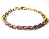Braided Leather Bracelet with Brass Chain in Purple and Grey