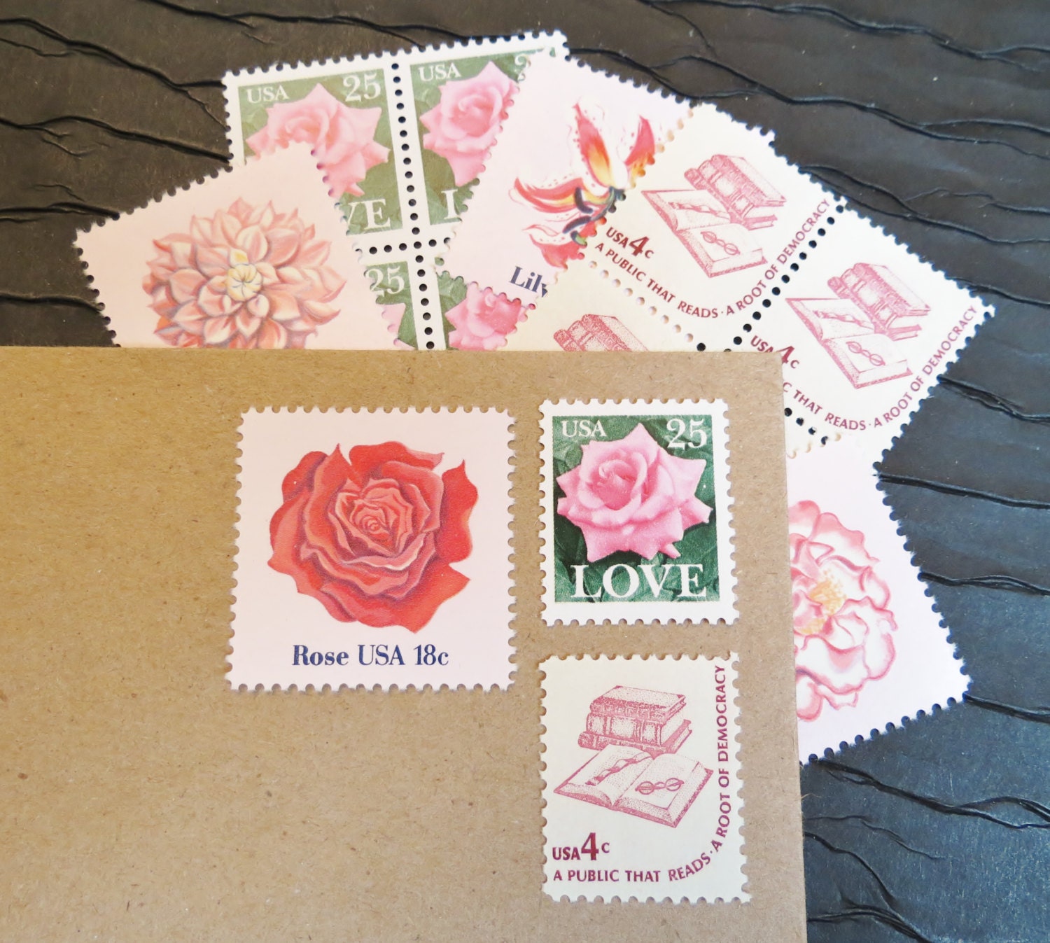 Pink .. LOVE .. UNused US Vintage Postage Stamps  .. post 5 letters