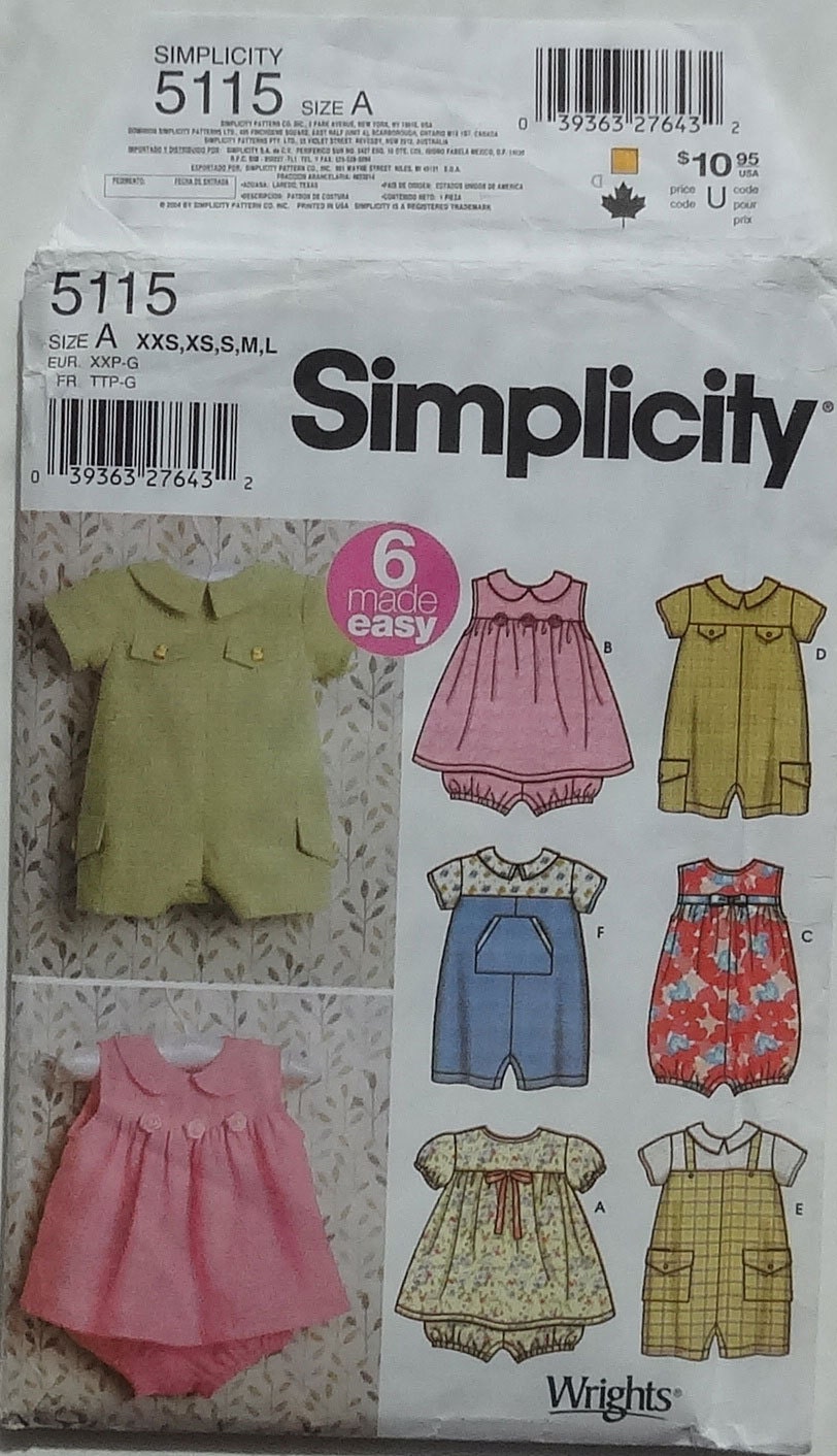 Simplicity 5115 Sewing Pattern Babies' Romper or Romper Dress Size XXS, XS, S, M, L