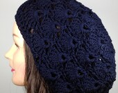 Organic Cotton Crochet Shells Lacy Tam in Navy Blue