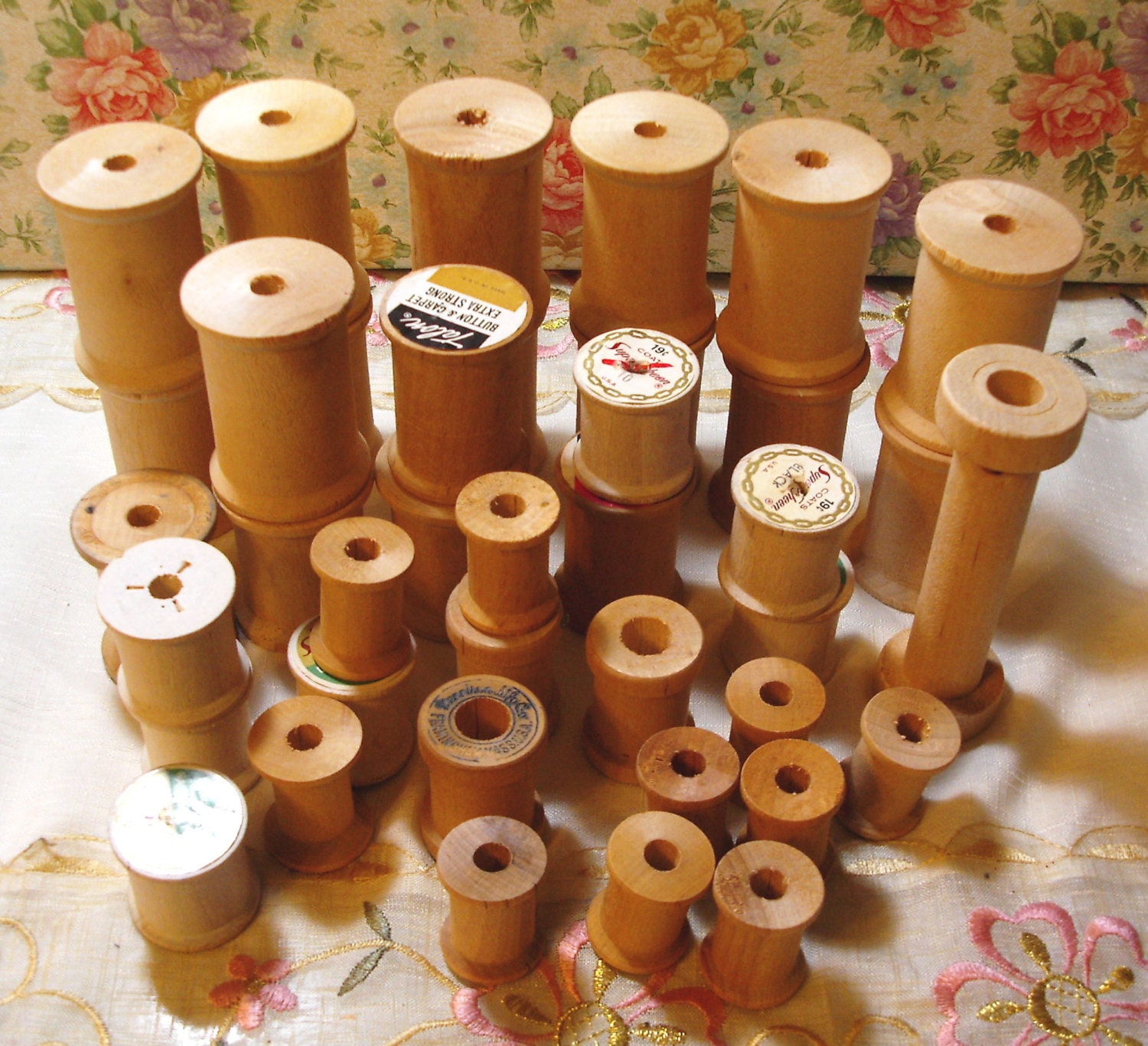 Vintage Lot of 39 Wooden Sewing Spools Craft by InfinityCrafts