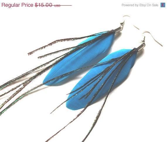 ON SALE Feather earrings capri blue with black and green peacock feather
