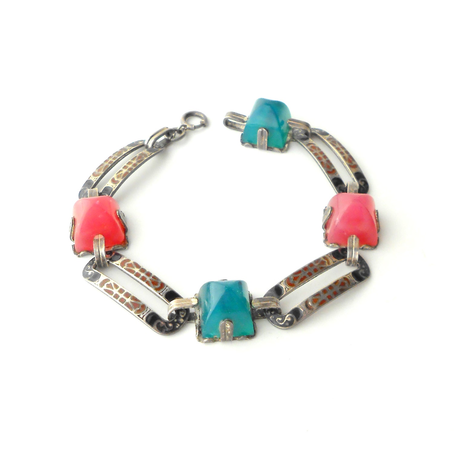 Art Deco Bracelet. Enamel Sterling. 1920s Black Cinnabar Pink Green.