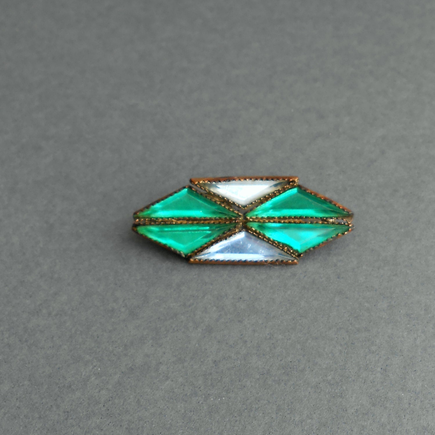 Art Deco Pin Brooch. Geometric Emerald Green Vauxhall. Pale Slate Blue.