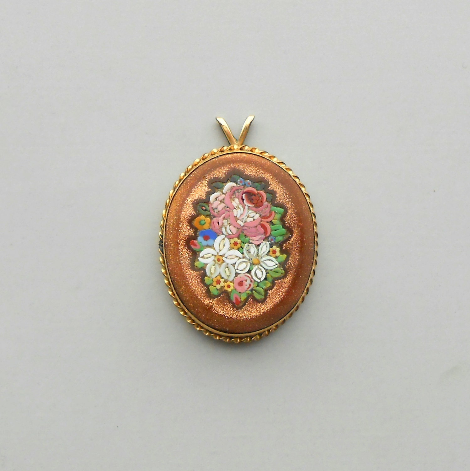 Antique Micromosaic Floral Pendant. Victorian Edwardian. Goldstone.