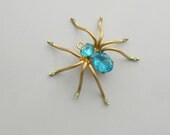 Czech Spider Pin Brooch. Deep Aqua Blue Stones. Rhinestone Feet.