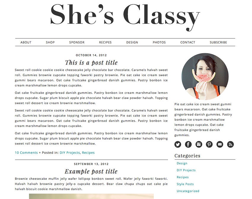 Self-Hosted Wordpress Premade Blog Theme: She's Classy - minimalist, teal, theme, clean, magazine, twitter, icons