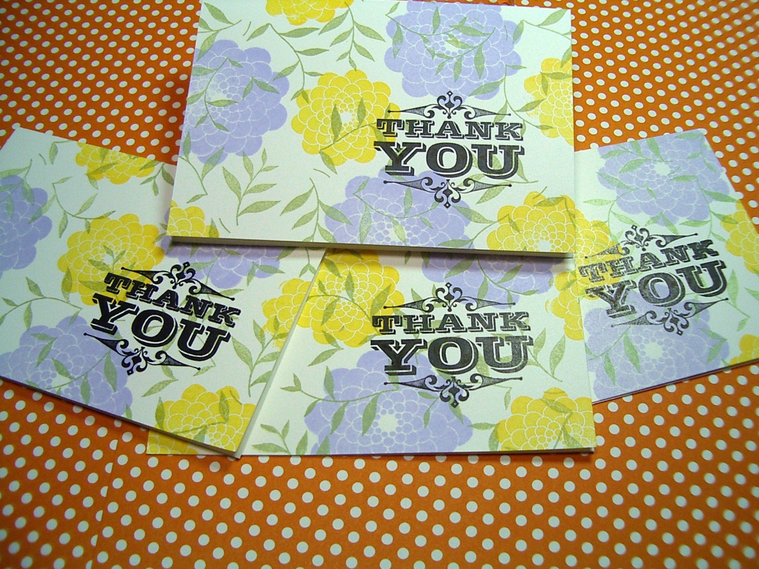 Leaves and Flowers - Thank You cards . Colors of Pale Yellow, Lavender & Green