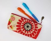 Vermilion Chrysanthemum Zipper Pouch/ Eyeglass Case Made From Vintage Kimono